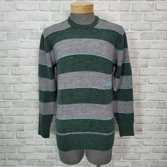 Billabong Mens M Crew‎ Neck Wool Blend Pullover Sweater Gray Green Striped Surf - Picture 1 of 8